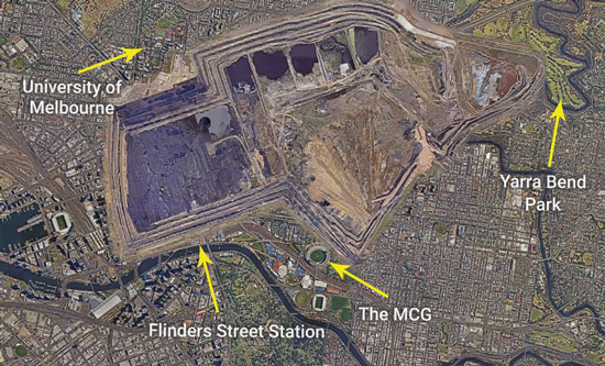 Hazelwood mine over Melbourne CBD (to scale).