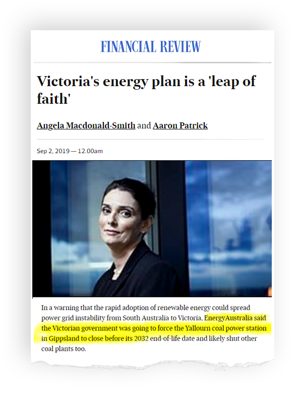 However EnergyAustralia is up to their old tricks, fuelling fear through the media and trying to blame the Victorian government for the inevitable closure of Yallourn
