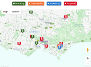 A map showing big battery projects around Victoria